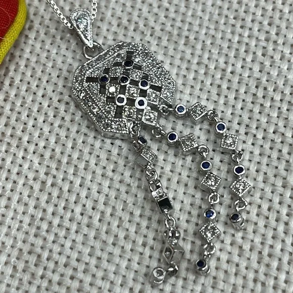 Technibond Platinum Sterling Silver & Blue Sapphire CZ Pendant Necklace - Picture 9 of 17